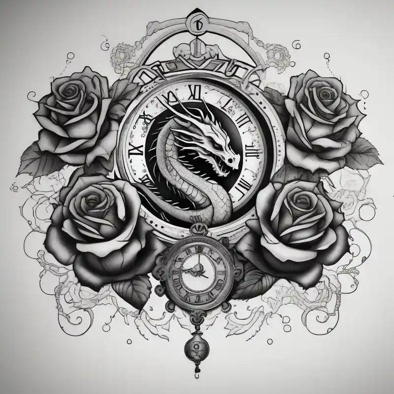 Dark cancer zodiac sign tattoo with dragon, clock and roses on background floral sleeve tattoo – Dotwork, Couleurs vives